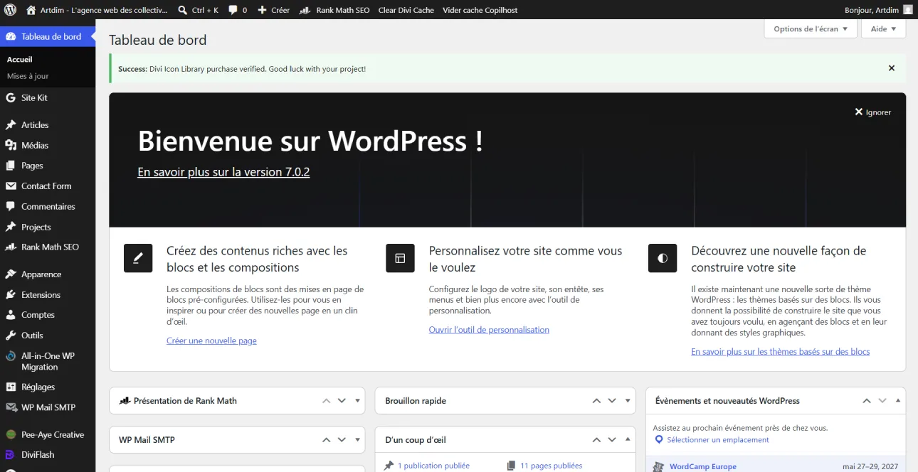 Illustration du choix d'un CMS WordPress pour le site internet d'une collectivité territoriale (1) Tableau de bord WordPress d'un site de collectivité territoriale