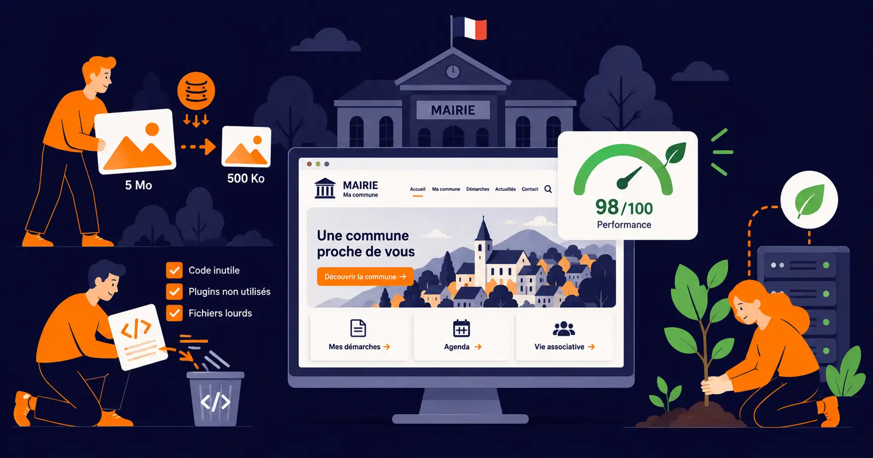 Nous contacter (2) Illustration d'un site de mairie léger et rapide, symbole de sobriété numérique